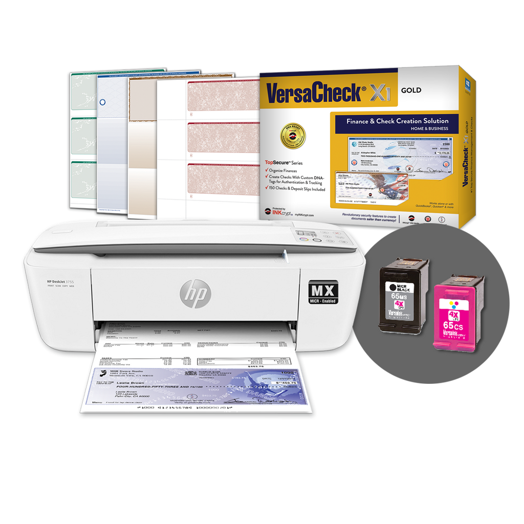 VersaCheck® HP DeskJet 3755 MXE MICR All-in-One Color Check Printer and VersaCheck X1 Gold Finance and Check Creation Bundle