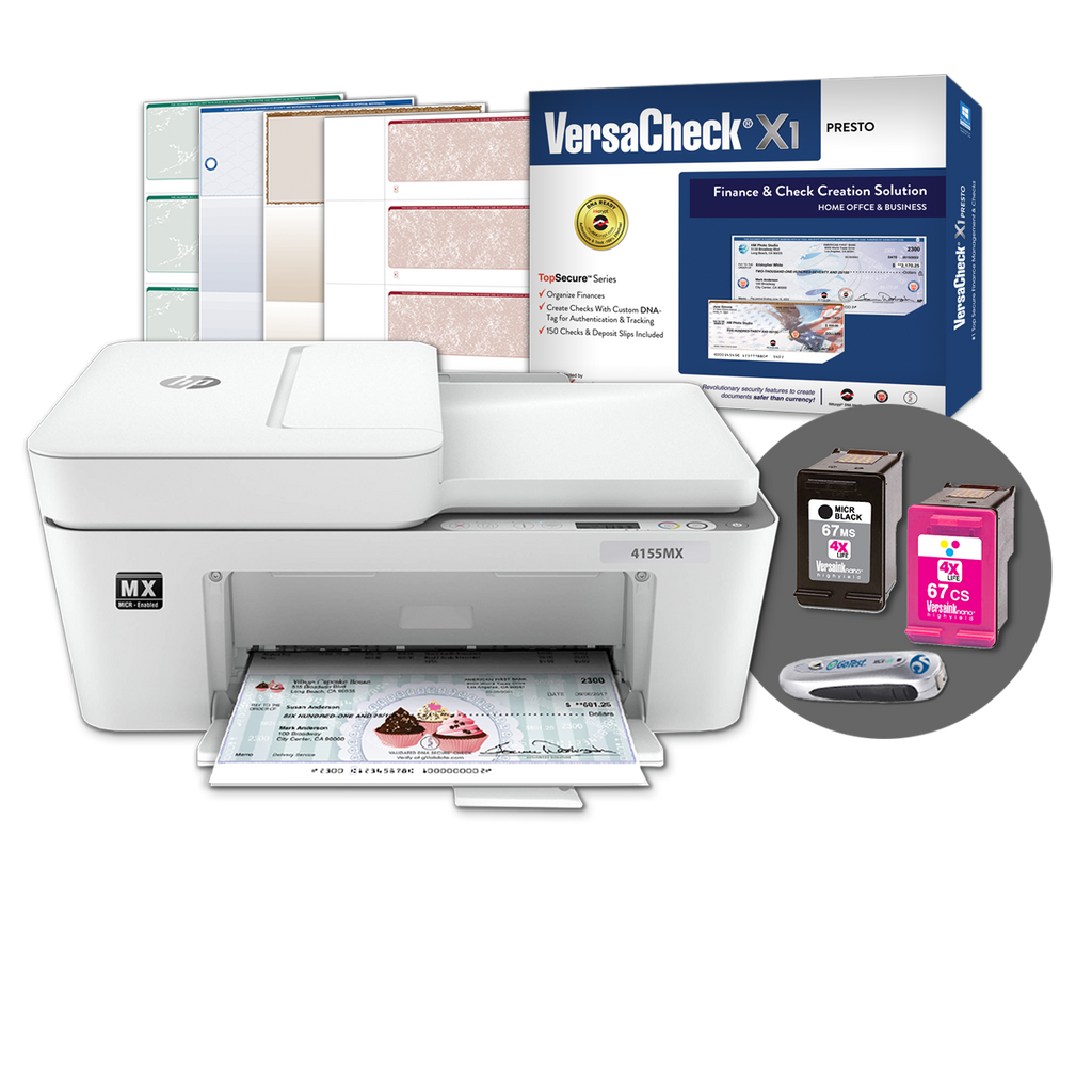 VersaCheck® HP DeskJet 4155 MXE MICR All-in-One Color Check Printer and VersaCheck Presto Finance and Check Creation Bundle