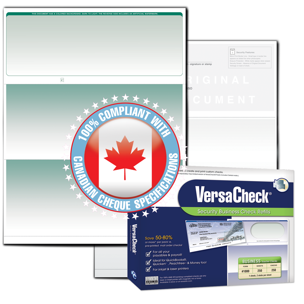 VersaCheck - CANADA - Form 1000 - Business Check for Inkjet - Graduated - Green - 2000 Sheets