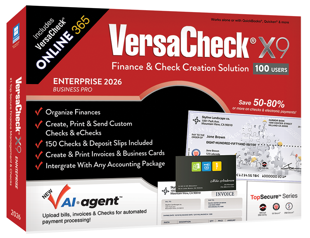VersaCheck X9 Enterprise 2026 - 100 Users + VersaCheck ONLINE Pro 1yr Sub + Unlimited Annual Print Credits