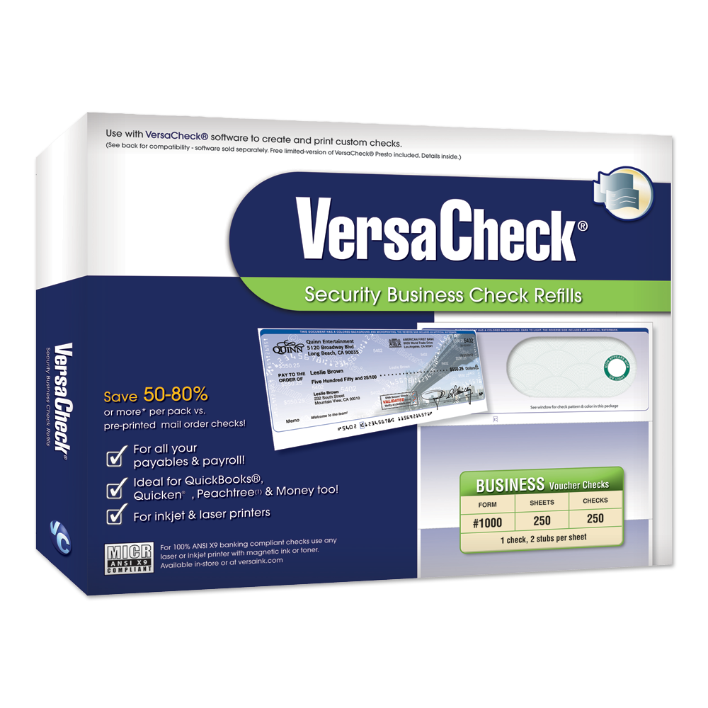 VersaCheck UV Secure Business Check Refills: Form 1000 - Business Voucher - Green Elite - 500 Sheets