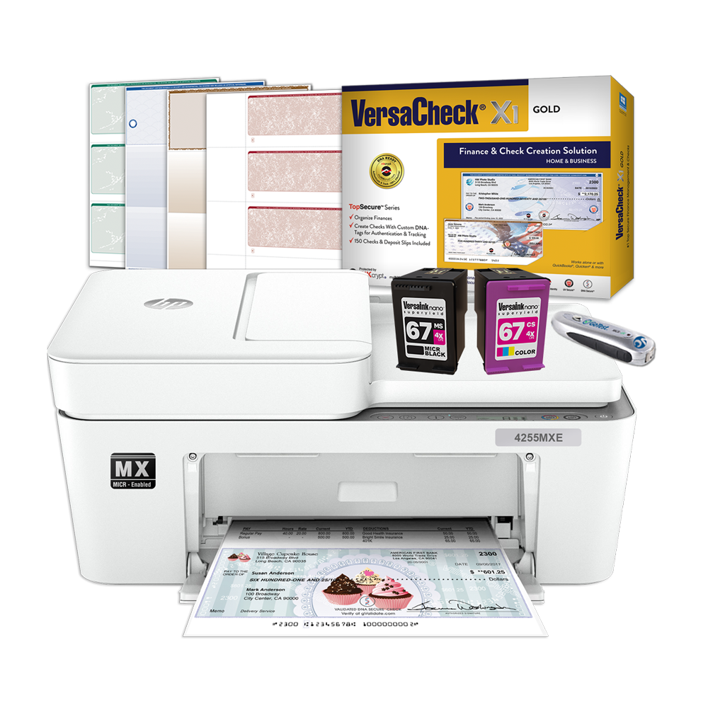 VersaCheck® HP DeskJet 4255 MXE Color All-in-One Check Printer and VersaCheck X1 Gold Finance and Check Creation Bundle