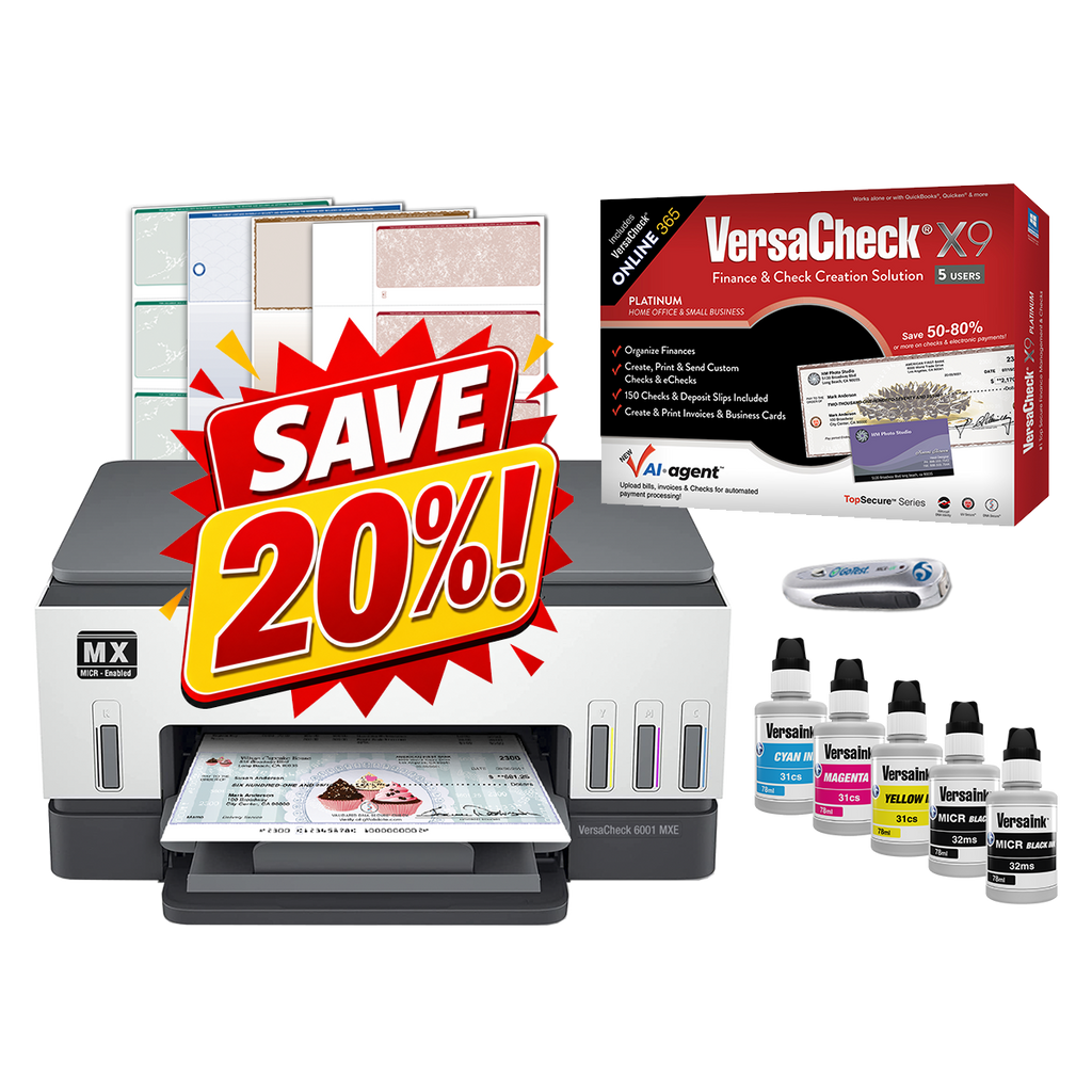 VersaCheck Smart Tank 6001 MXE MICR All-In-One Check Printer and VersaCheck X9 Platinum 5-User Check Printing Software Bundle