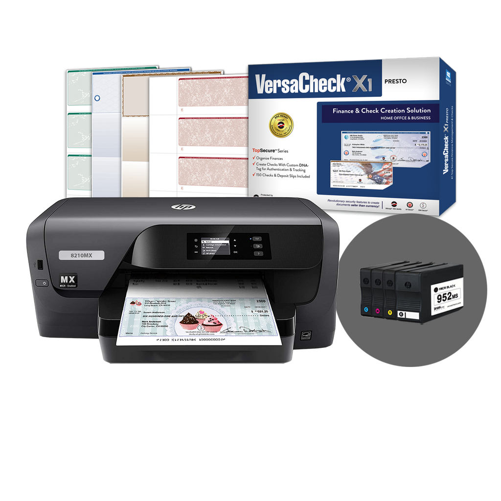 VersaCheck® HP OfficeJet 8210 MXE MICR Color Check Printer and VersaCheck Presto Finance and Check Creation Bundle