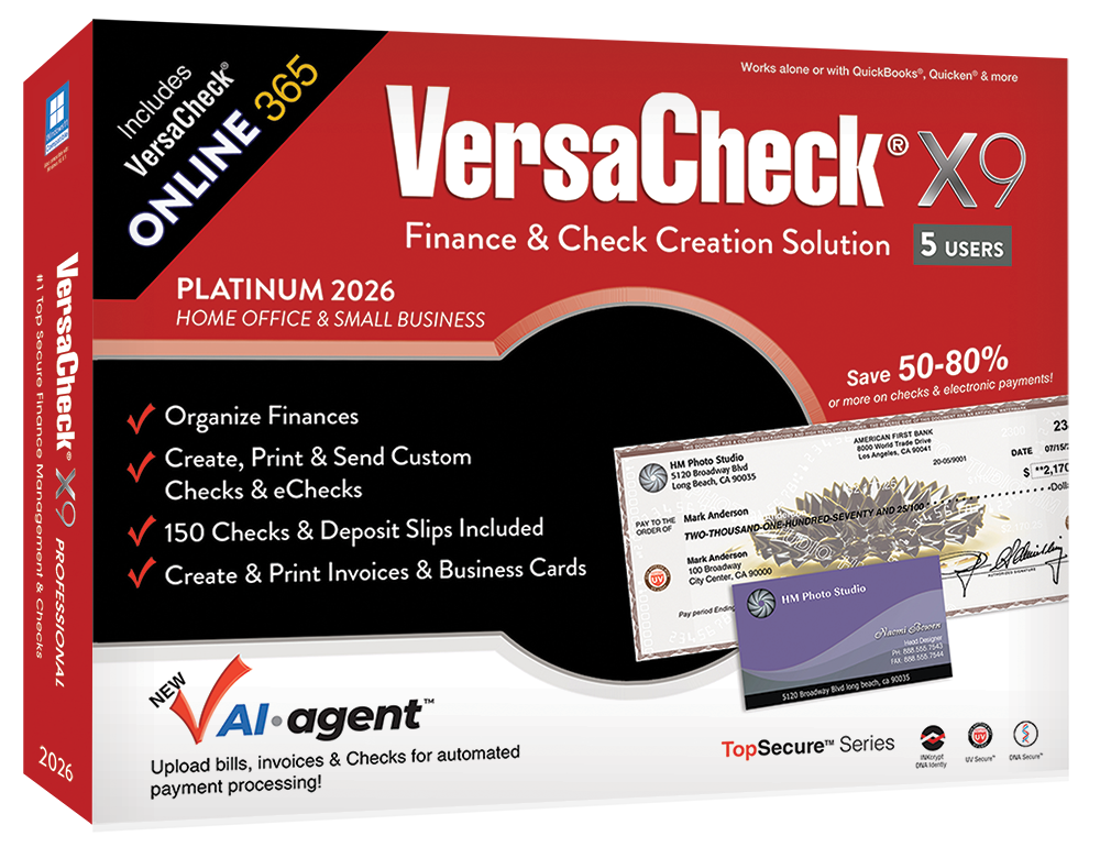 VersaCheck X9 Platinum 2026 - 5 Users Download + VersaCheck ONLINE Platinum 1yr Sub + Unlimited Annual Print Credits