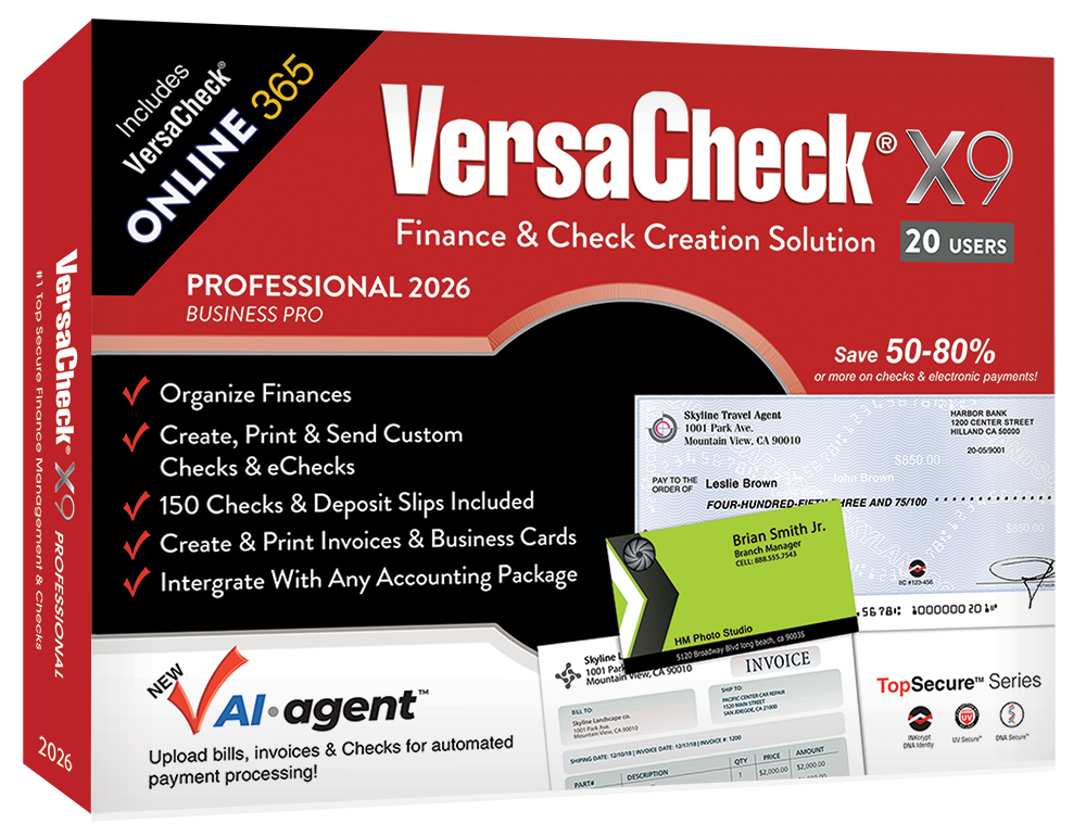 VersaCheck X9 Professional 2026 - 20 Users + VersaCheck ONLINE Pro 1yr Sub + Unlimited Annual Print Credits