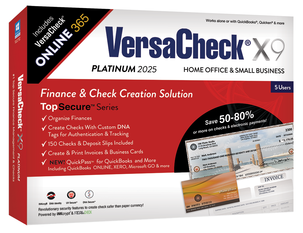 VersaCheck X9 Platinum 2025 - 5 Users Download + VersaCheck ONLINE Platinum 1yr Sub + Unlimited Annual Print Credits