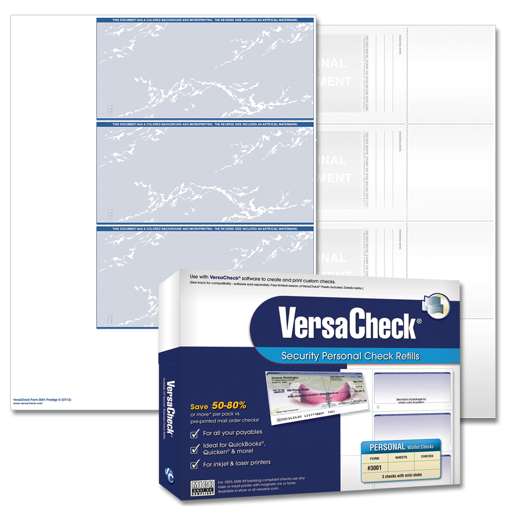 VersaCheck Security Personal Check Refills Form 3001 - Personal Check - Personal Wallet - Blue Prestige - 250 Sheets