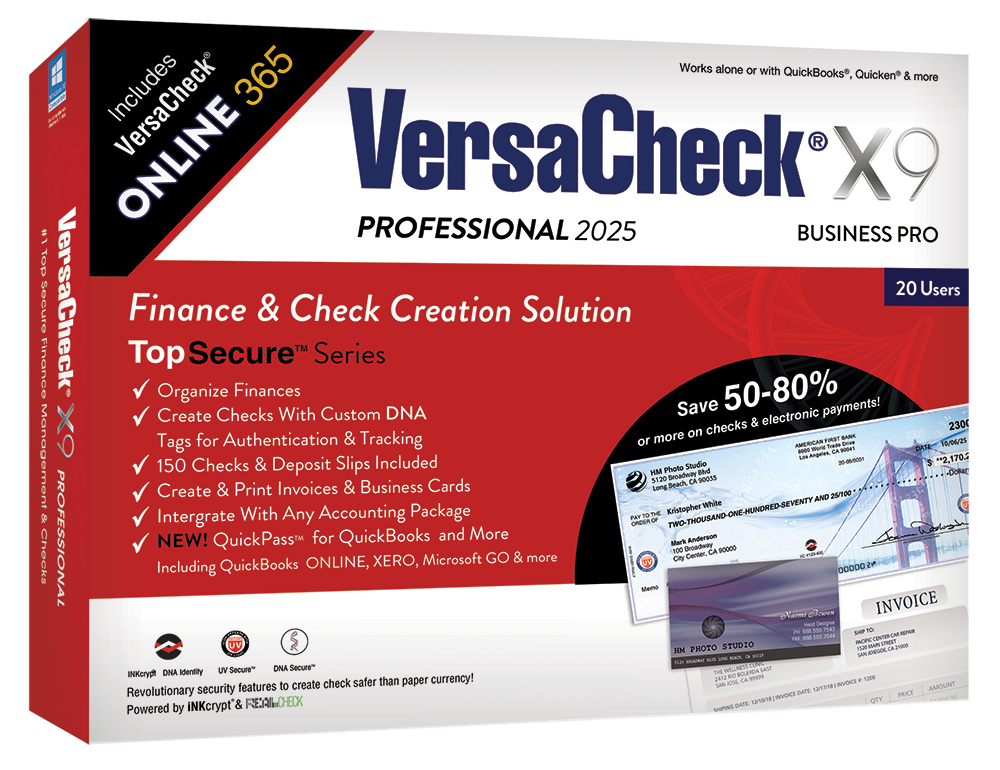 VersaCheck X9 Professional 2025 - 20 Users + VersaCheck ONLINE Pro 1yr Sub + Unlimited Annual Print Credits