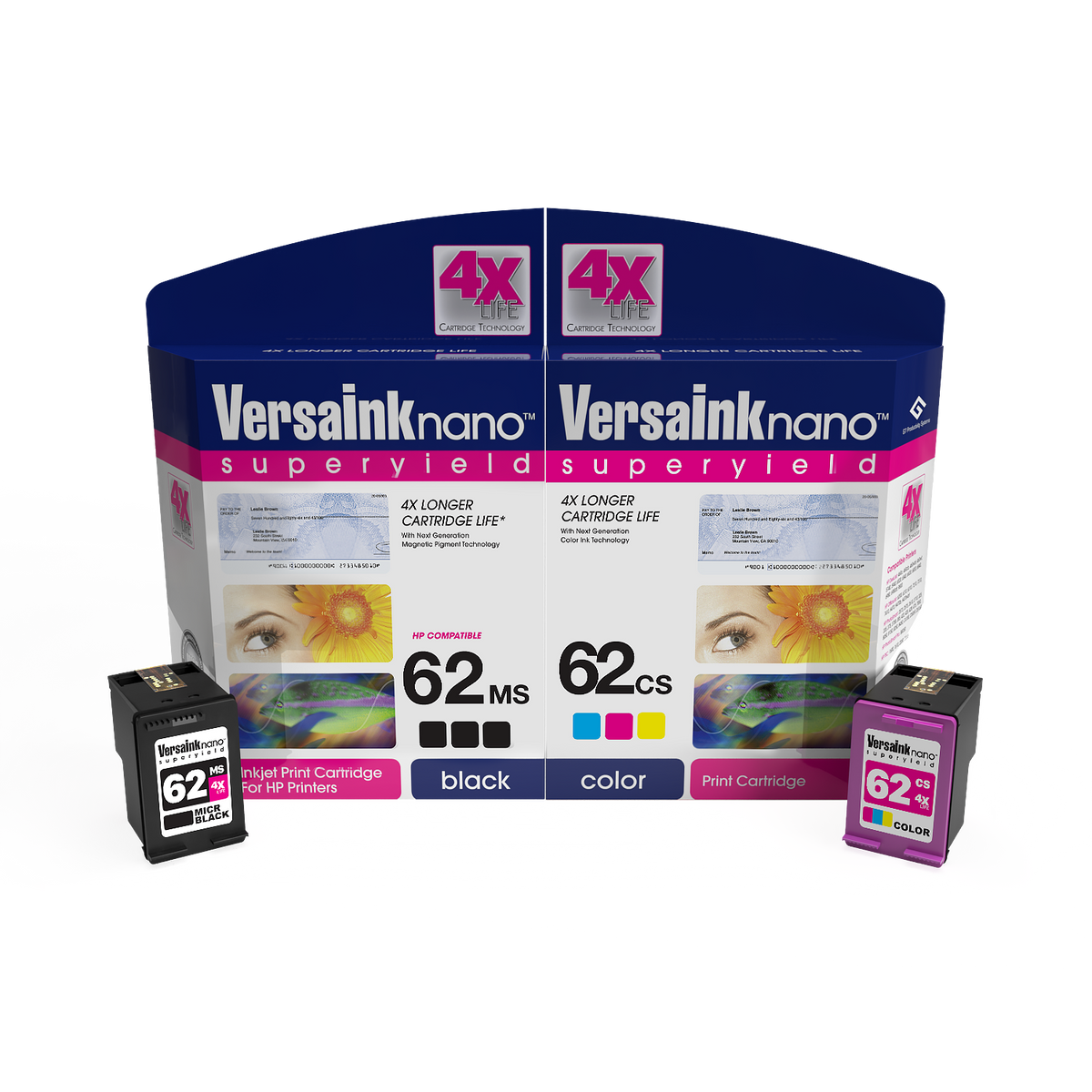 VersaInk-nano HP 62MS Black(MICR) & 62CS Color Cartridges - 4X Life ...