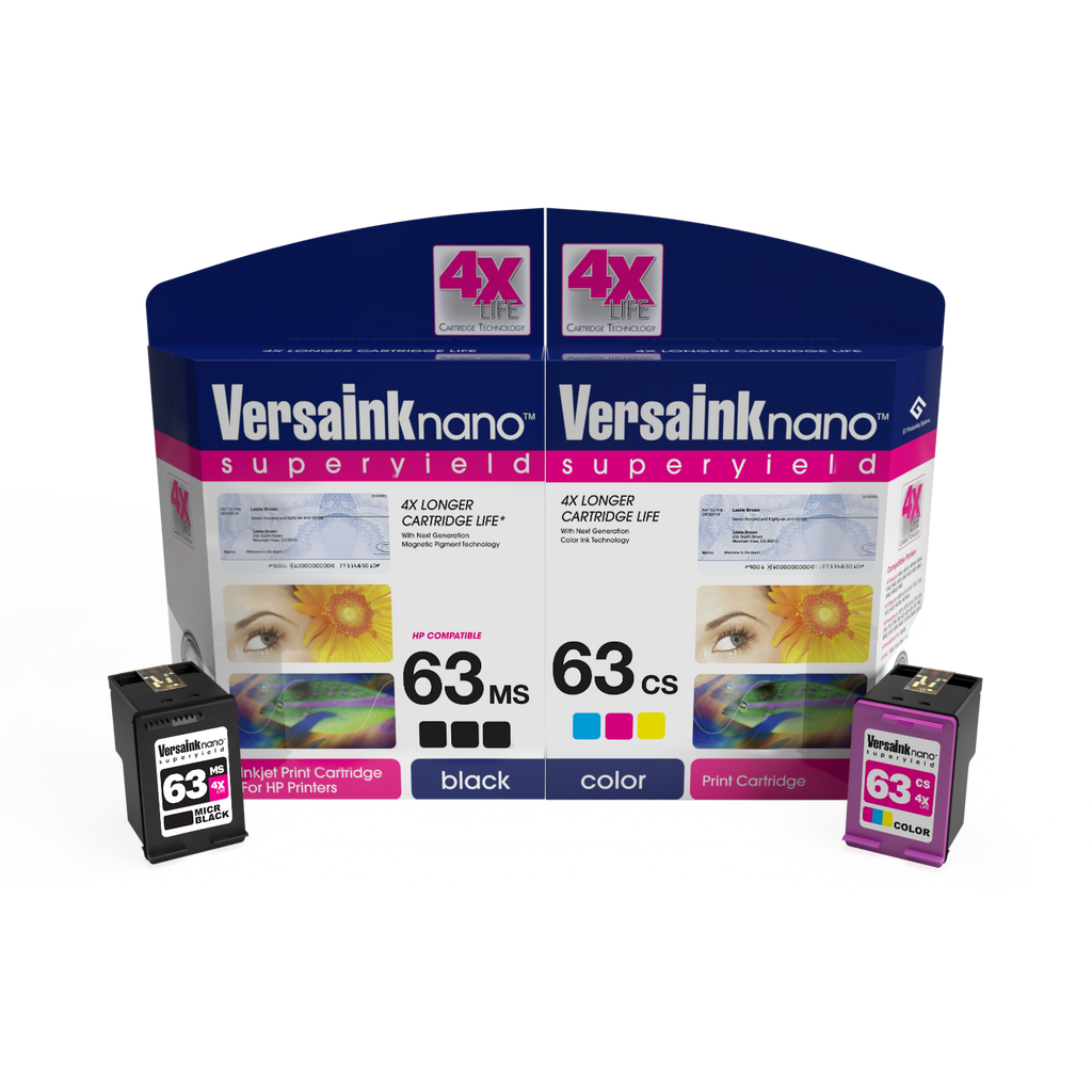 VersaInk-nano HP 63MS Black(MICR) & 63CS Color Cartridges - 4X Life