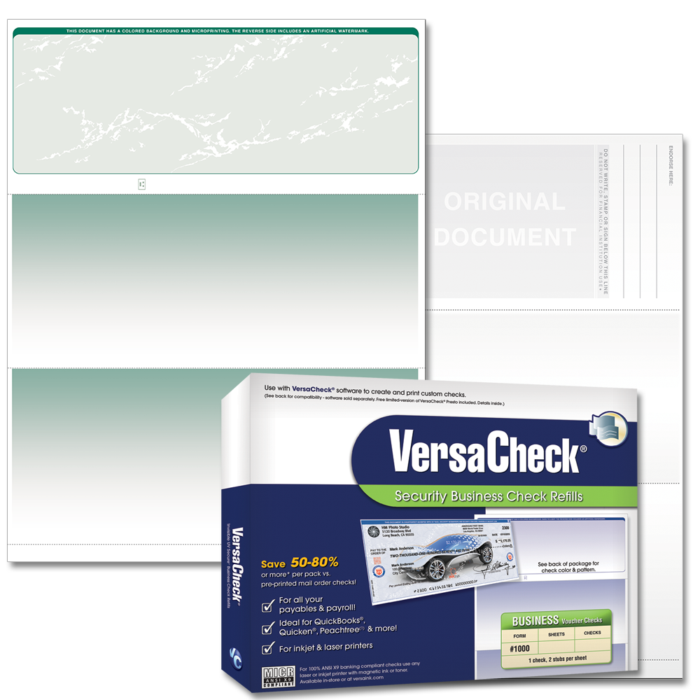 VersaCheck Security Business Check Refills Form 1000 Business Voucher - Green Prestige - 500 Sheets