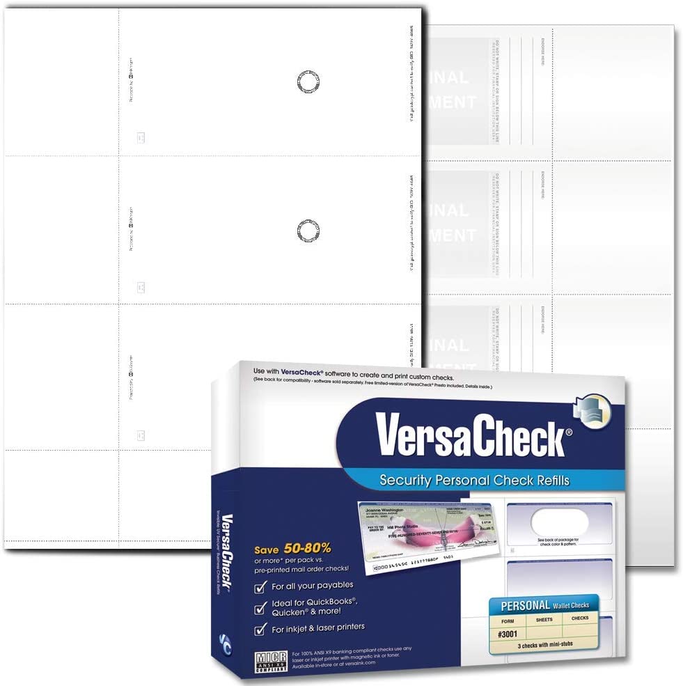 VersaCheck UV Top Secure (DNA) Checks - 1500 Blank Business or Personal Wallet Checks - White Canvas - 500 Sheets Form #3001-3 Per Sheet