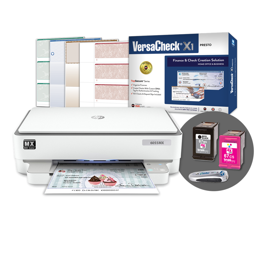 VersaCheck® HP Envy 6055 MXE MICR All-in-One Color Check Printer and VersaCheck Presto Finance and Check Creation Bundle