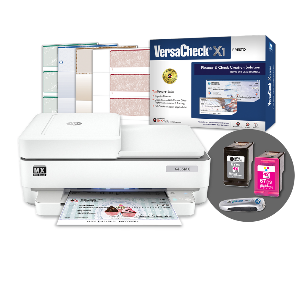 VersaCheck® HP ENVY 6455 MXE MICR All-In-One Color Check Printer and VersaCheck Presto Finance and Check Creation Bundle