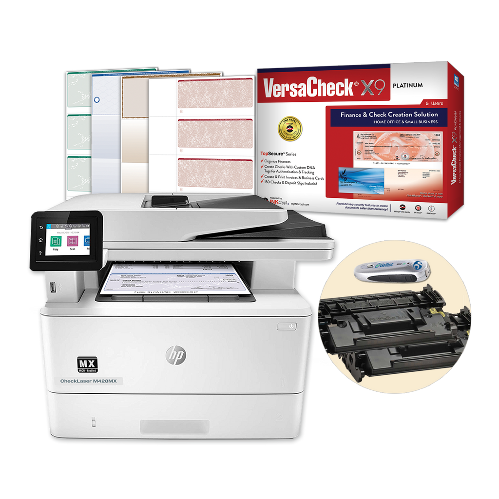 VersaCheck® HP M428MXE All-In-One Check Printer and VersaCheck X9 Platinum 5-User Finance and Check Creation Bundle