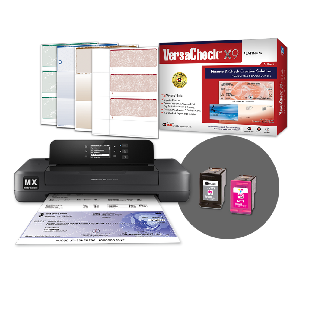 VersaCheck® HP Officejet 200 MXE Portable Wireless Color Check Printer and VersaCheck X9 Platinum 5-User Finance and Check Creation Bundle