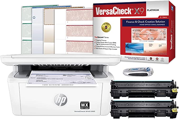VersaCheck® HP LaserJet M140 MXE MICR All-In-One Check Printer and VersaCheck X9 Platinum 5-User Finance and Check Creation Bundle