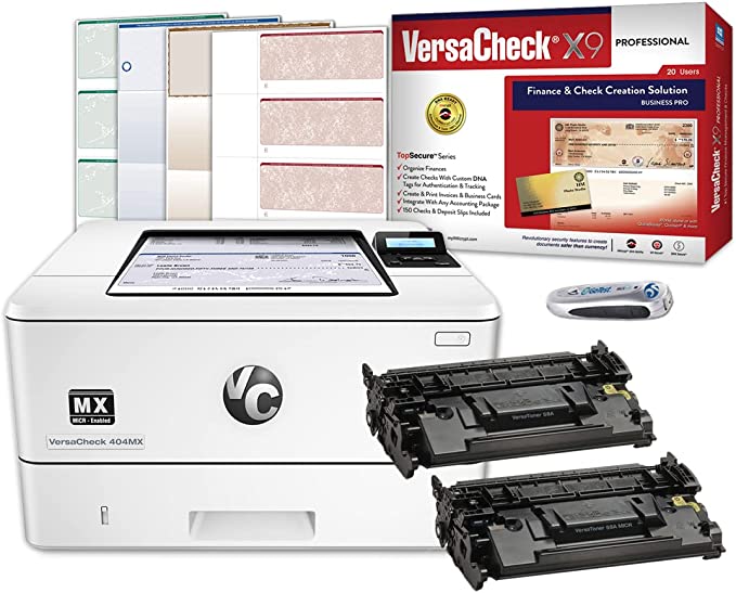 VersaCheck® HP LaserJet M404 MXE MICR Check Printer and VersaCheck X9 Professional Finance and Check Creation Bundle 20-User Check Printing Software Bundle